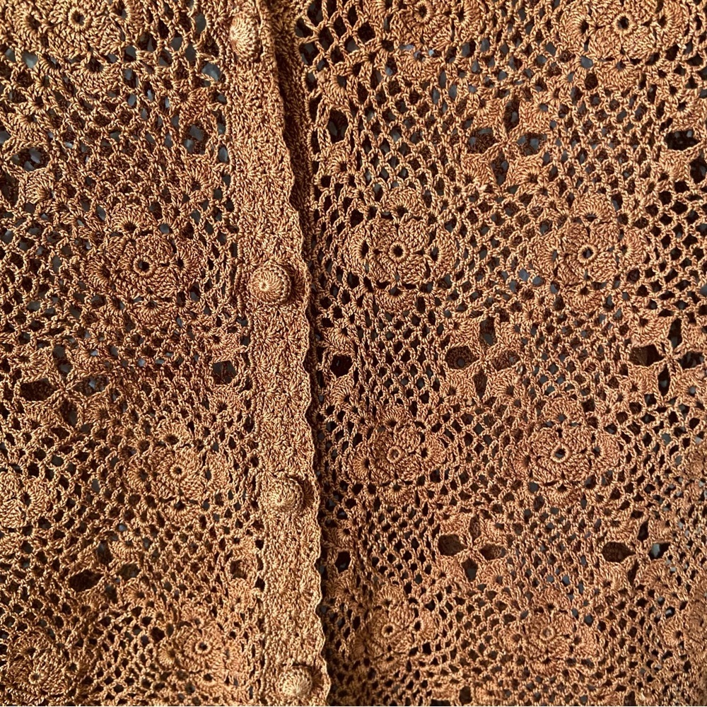 Vintage brown crochet macrame cardigan sweater knit outerwear indie medium - Picture 4 of 5